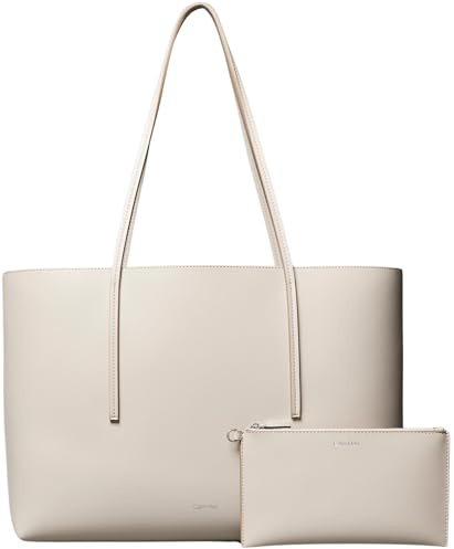 Calvin Klein Women’s Foil Logo Tote Bag with Detachable Bag, Off-White (Chateau/Desert Taupe), One Size