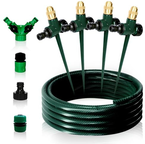 Joyhalo 4 Pack Flexible Sprinkler System with Metal Spike Base, Above Ground Sprinkler System kit，Multi-Adjustable Irrigation Sprinkler Set for Yard,Lawn,32.5FT Garden Hose Included