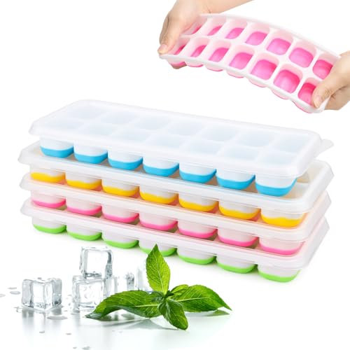 Eiswürfelform Silikon, 4er Pack Silikon Eiswürfelform Mit Decke, Eiswürfelbehälter Mit Deckel, Quadratische Eiswürfelschalen, Stapelbar Eiswürfel Form Eisformen für Cocktail Whiskey Kaffee