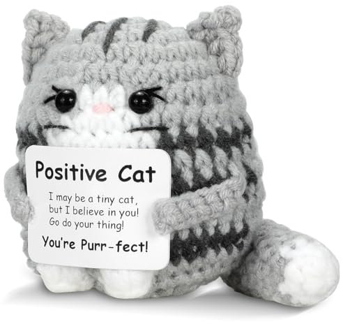 Calkkrer Positive Gehäkelter Katzen-Mini-Tier, Emotionaler Support-Geschenk, Inspirierende Handgemachte Strickpuppe, Motivierendes Häkel-Geschenk, Glücksbringer
