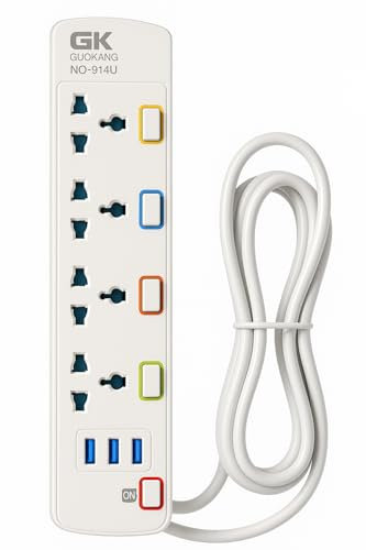 Extension Lead 3M with 3 Universal Sockets and 3 USB Ports, 2500W Max, Individual Switches, White. Surge Protection.