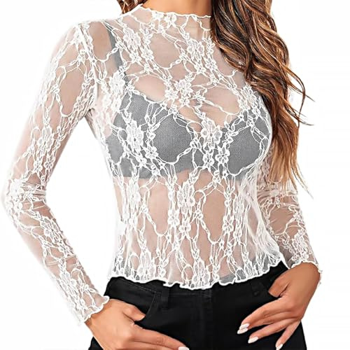 NewBull Transparentes Damenoberteil, sexy, aus Spitze, Langarm, Top, Netz, Bluse, durchsichtig, T-Shirts, S-XL