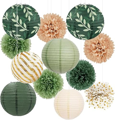 GZYYANG 12 Stück Salbeigrün Papier Lampions, Papierlaterne Dekoration Set | Salbeigrün und Papierblumen Pompons Set, Runde Hängende Papierlaternen für Hochzeitsdekorationen Geburtstagsfeier Gartenparty