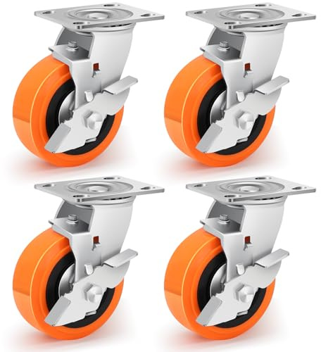 Humagineer 125mm Polyurethan Schwerlastrollen mit Bremse, Industriell Rollen Schwerlast Tragfähigkeit 1600kg mit Doppeltem Kugellager, Leise und Verschleißfest für Industrieanlagen, Maschinen, 4er-Set