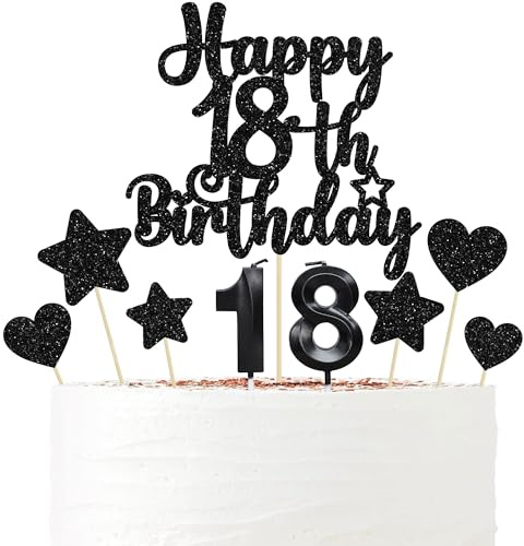 Gyufise 15Pcs Happy 18th Birthday Cake Topper Set with Heart Star Glitter Cheers to 18 Years Cake Picks Number 18 Candles Cake Decorations for Happy 18th Birthday Anniversary Party Supplies Black