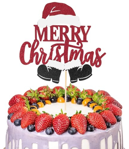Merry Christmas Cake Topper, Red Glitter Xmas Cake Toppers Christmas Santa Cake Decorations Party Supply F4-SDMCP