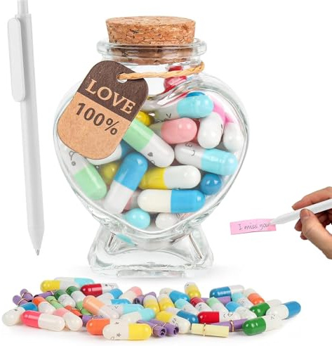 FMPXYYA Capsules Message avec Émojis, 50 Lettres, Bouteille en Verre, Stylo à Billes Blanc, Cadeau Original, Idée Romantique et Créative, pour Lui, pour Elle, pour Toute Occasion