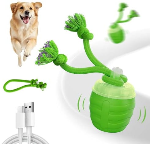 Vtyer Interaktives Hundespielzeug, 2025 Neu Smart Automatisch Rollender Ball mit 3 Modi HundegeBell Bluetooth, Hundespielzeug Mit Schnur Katzenspielzeug Elektrisch 360° Interactive Dog Toys (Grün)