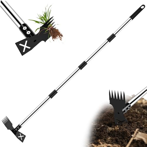 NUTKIT Unkrautstecher mit langem Stiel, 150cm Unkrautjäter Hand, 2-in-1 | Unkrautrechen＆Gartenhacke, 6-zinkiger Unkrautstecher, Gussstahl Unkrautentferner, Unkraut Gartengeräte für Garten Hof Rasen