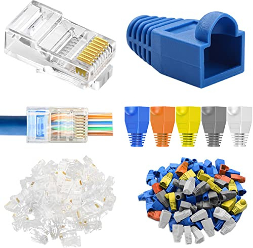 HAAMNING7 RJ45 CAT5 Cat6 Connectors Ends Pass Through Ethernet 8P8C UTP Network Plug for RJ45 Cable, 50 PCS Transparent RJ45 Crimp Male, with RJ45 Boot Cover 5 Colors