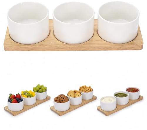 Punorric Snack Bowls & Wooden Serving Tray Set - Ceramic Tapas Dishes with Dipping Bowls, Party Serving Trays and Platters, Tapas Dishe for Home Dining Baking Catering Gift