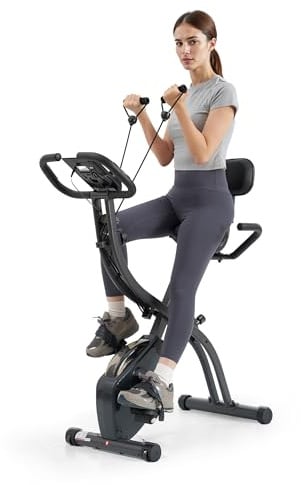 Cyclette pieghevole con resistenza magnetica regolabile a 16 livelli, fasce di resistenza per le braccia, display LCD, schienale, sella ampia, capacità di carico fino a 136 kg