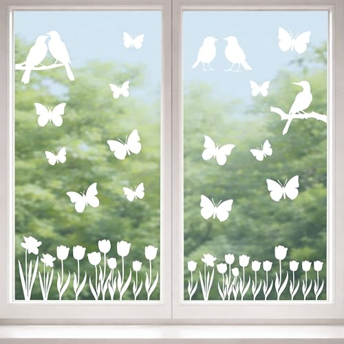 Fensterbilder Sommer/Frühling 32 Stück, wiederverwendbare Fenstersticker | Fensterdeko mit Blumen, Schmetterlinge & Vögel, auch als Vogelschutz