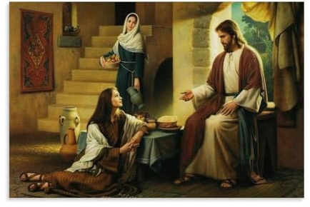 Simon Dewey (Jesus mit Martha und Maria), Wandkunst-Poster, Gemälde auf Leinwand, Wandkunst, Rollbild, Druck, Wohnzimmer-Wanddekoration, Zuhause, 20 x 30 cm