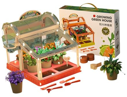 Mini-greenhouse, Gardening Set, Plant Growing Kit, Mini-greenhouse Flower Growing Kit with Upgraded Irrigation, Discovery Educational Gardening Gifts for Boy & Girl