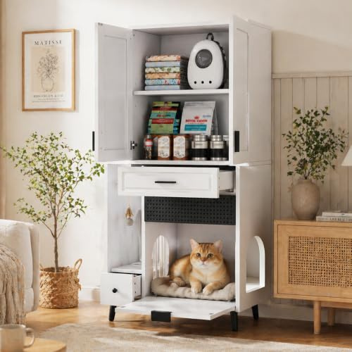 luckdect Maison de Chat en Bois,Armoire de Toilette pour Cache Meuble Litière Chat avec 2 Tiroirs,Etagère Réglables,2 Entrées Latérales en Arche,Stocker Croquettes,Jouets et Accessoires pour Chats
