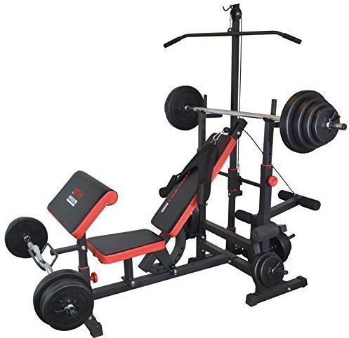 Train Hard Multifunktion Hantelbank Kraftstation inkl. Latzug, Bauchtrainer, Armcurl und Beincurl mit Hantelset aus Langhantel, Curlhantel und Stange Gewichten 50kg bis 160kg
