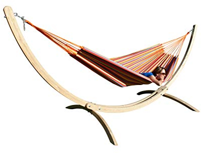 MacaMex Hängemattenset Siesta Grande Holzständer XL mit bunter Brasilianischer Hängematte Brasil Comfort Primavera Baumwolle