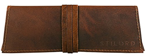 STILORD 'David' Federmäppchen aus echtem Büffel Leder im Vintage Look Etui Griffelmappe Federmappe Schreibmappe Federtasche, Farbe:Cognac - Dunkelbraun