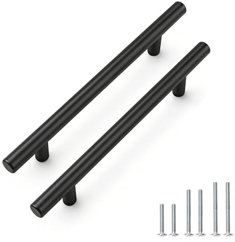 PinLin 5 Pack Kitchen Door Handles 128mm Hole Centre Flat Black Cabinet Handles Stainless Steel Cupboard T Bar Handle (Screws Included)