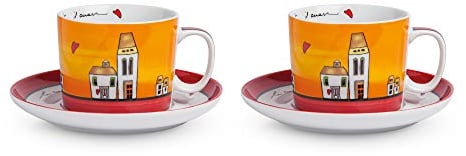 Egan Set Tazze Colazione con piattini Collezione Le Casette. Oggetto Realizzato in Porcellana di Colore Rosso e Bianco e Multicolore. Dimensione: 10 cm. La referenza è PLC12/1S