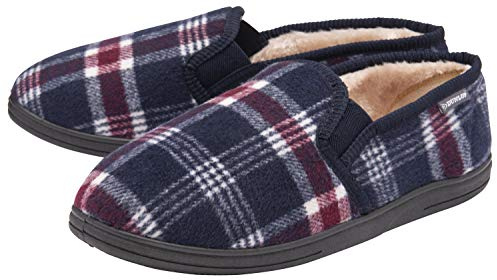 DUNLOP Mens Twin Gusset Full Back Comfy Fur Lined Memory Foam House Slippers with Outdoor Soles (10 UK, Navy Check, numeric_10)
