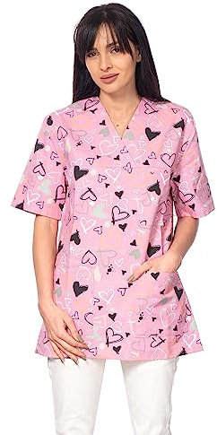 DINOZAVR Bruna Kasacks Damen Pflege V-Ausschnitt Kurzarm - Kasack Damen Bunter Druck mit 2 Unteren und 1 Oberen Tasche - Kasaks Altenpflege rosa/Herzen S