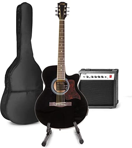 MAX Guitarra Electroacústica Set Completo - Cuerpo Dreadnought, Amplificador 40W, Funda, Soporte, Afinador, Púas, Correa, Cuerdas Repuesto - Ideal para Principiantes y Profesionales