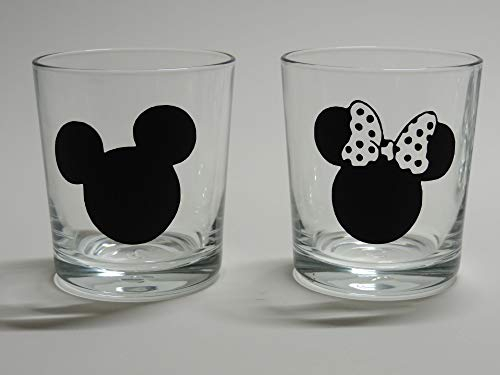 Lichtidee 2er Set Teelicht Glas Windlicht Tischlicht print mit Micky und Minnie Maus Kopf Handmade Unikat Ostern Muttertaggeschenk, Höhe 8cm,