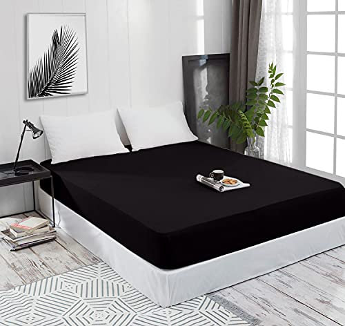 Spannbettlaken Jersey Spannbetttuch 100% Baumwolle Bettlaken Spannbettuch Laken 28 Farben, Größe:200 x 200 cm, Farbe:Schwarz