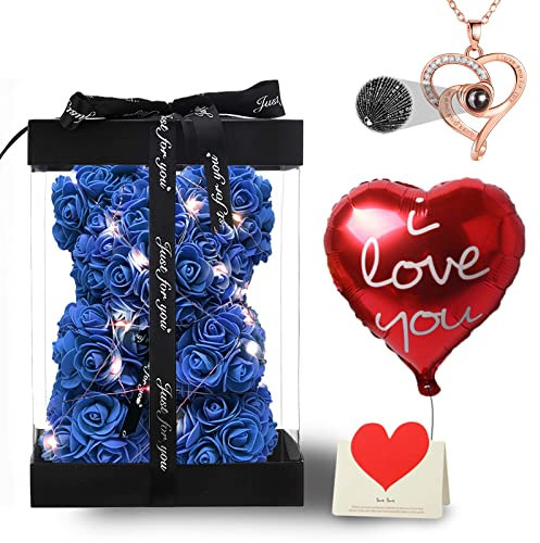 Rose Bear Flower Gift for Women Mom Her Girlfriend, Fully-Assembled Teddy Bear with 100 Languages I Love You Necklace and String Lights Anniversary Christmas Valentines Anniversary Birthday,Blue