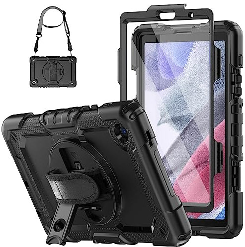 SEYMCY for Samsung A7 Lite Tablet Case 8.7 inch 2021, Full-body Shockproof Cover with Screen Protector, Rotating Hand Strap & Stand, Carrying Strap for Galaxy Tab A7 Lite SM-T220/T225/T227, Black