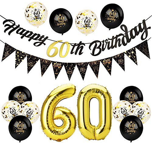 Afirbeone 60th Birthday Decorations Set, Including Black Gold Happy Birthday Banner, Triangle Flag Banner, Confetti Latex Balloons and Aluminum Foil Balloons for Party Decoration