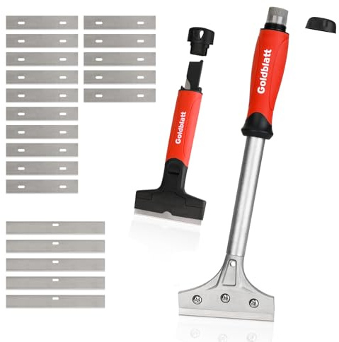Goldblatt 2 Pieces Glass Scraper Set with 20-piece Blades - 4 Inch Industrial Floor Scraper Tool with Long-Handle, Heavy Duty Razor Holder for Cleaning Caulk, Paint, Glue on Glass, Tiles, Walls