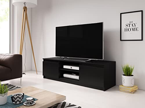 Mueble de TV 120 cm Dingo, Mueble de televisión, Mueble de TV con Patas, Mesa de TV, sin iluminación LED, Distintos Colores (Castaño) (Negro)