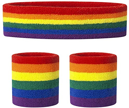 ONUPGO Schweißband Set Sportstirnband Handgelenk gestreifte Schweißbänder Frottee Sporttraining Basketball-Armband Stirnbänder Feuchtigkeitstransport Schweiß absorbierendes Stirnband (Rainbow)