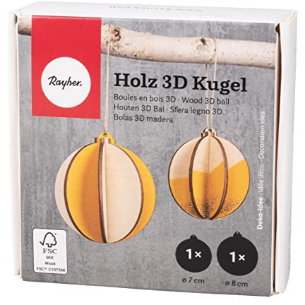 Rayher 3D-Kugeln Holz, Weihnachtskugeln Holz, FSC zertifiziert, natur, 2 Stück, 7 + 8 cm ø, mit Kordel, Set 8-tlg. Holzkugeln Hänger, 64521505, braun (brown)