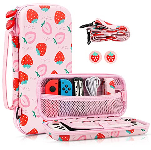 FANPL Étui de Transport pour Nintendo Switch et Switch OLED, étui de Voyage Rose Fraise avec bandoulière réglable, poignées pour Les Pouces, Coque de Protection Rigide Anti-Rayures, Rose