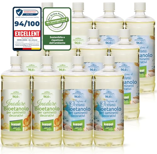 KieselGreen Bioethanolo 12 x 1 litro Set (6x Inodore + 6x con Fraganza) per Caminetto a Etanolo – Bio-etanolo profumato per Ambienti - Profumo per Caminetto a bioetanolo da Interno o da Tavolo M