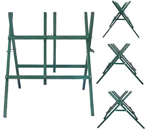 OKAYES Log Cutting Sawhorse, Adjustable Steel Sawbuck for Firewood, Green Folding Saw Horse Heavy Duty, 250LBS Weight Capacity Log Holder for Chainsaw Cutting