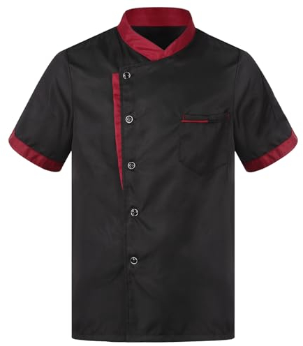 CHICTRY Veste de Chef Unisexe Homme Femme Uniforme Cuisinier Cuisine Travail Restaurant Hôtel Manteau Blouson de Cuisine Manches Courtes Taille Petite G Noir M