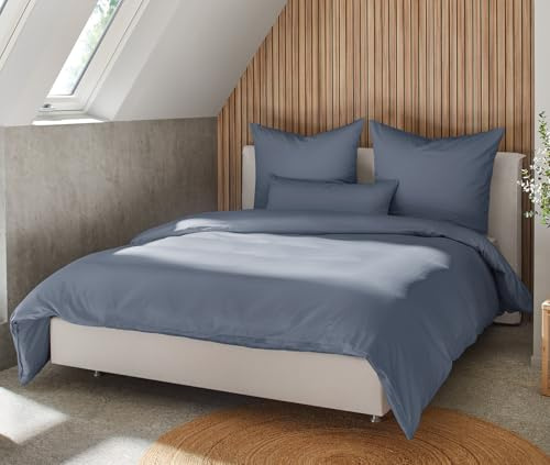 BEFA NATUR Made in Germany Bettwäsche Set, Bettbezug 240x220 cm und 2 Kissenbezüg 80x80 cm aus Baumwolle-Satin, Allergiker geeignet, Öko-Text 100 Klasse 1 Zertifiziert - Marine