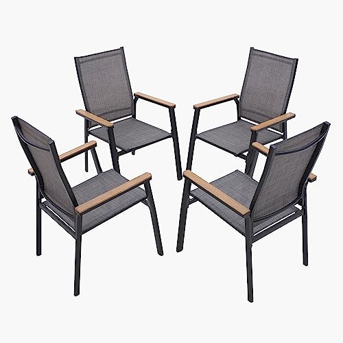 MFSTUDIO 4 PCS Aluminium Patio Dining Chairs Set,Textilene Outdoor Stackable Chairs with Wooden Armest for Garden, Poolside, Backyard,Grey