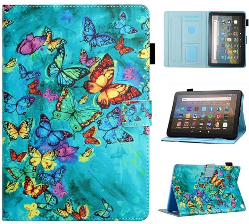 MOKASE for Amazon Kindle Fire HD 8/8 Plus Case (Fit 12th/10th Generation 2024 2022 2020 Release), Slim PU Leather Stand Cover, Auto Wake/Sleep with Pen Holder for Fire HD 8/8 Plus, Green Butterflies