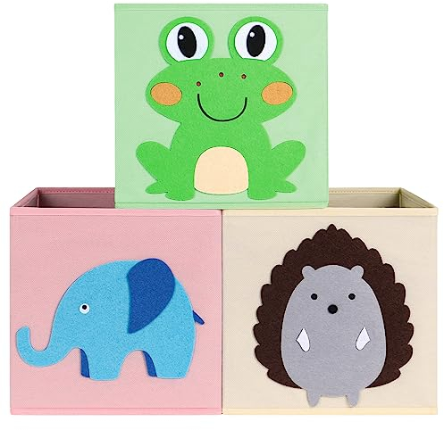 Aufbewahrungsbox 3er Set, faltbare Tier Aufbewahrungsbox, Spielzeug Organizer, aufstellbare Aufbewahrungsbox, für Wohnzimmer, Kinderzimmer, Kinderspielzimmer, Kindergarten, Frosch, Elefant, Igel