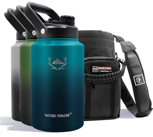 NATURE PIONEOR 1 Gallon Insulated Water Bottle - Double Vacuum Stainless Steel 128 oz Water Bottle with Holder/Carrier, Wide Mouth 1 gallon Water Jug for Outdoor Sports, Hiking, Camping, Gym