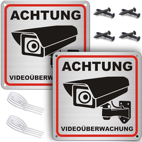 ROUMIO® 2 Stück Schild Videoüberwachung - 15x15cm Aluminium Videoüberwachung Schild Privatgrundstück - Wird mit 8 Schrauben und 8 Kabelbinder - Schönes Design - Sturdy und strapazierf