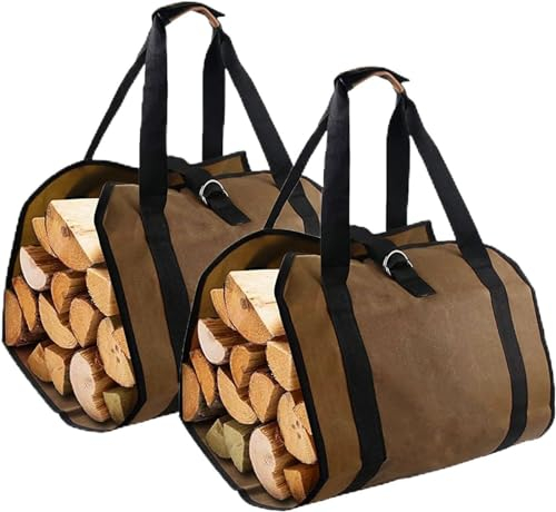Lckaey Kaminholz-Tragetasche mit Griffen, Canvas-Holzhalter für Kamin, Campingkocher, Tragetasche, Zubehör, Outdoor, 2 Stück, CH001-braun
