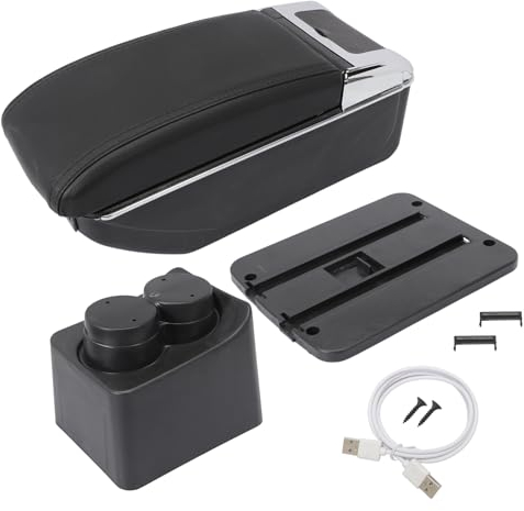 MangWany Mittelarmlehnen-Aufbewahrungsbox doppelschichtige Konsole große Aufbewahrungsbox mit 3 USB-Ladeanschlüssen passend für Polo 9N 2002–2009 schwarze Nähte