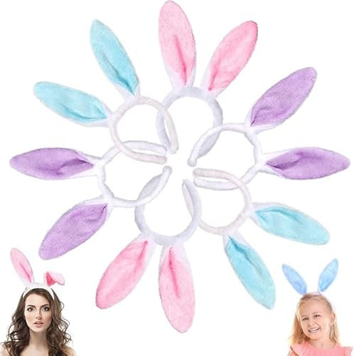 DTYDECLE 6 Stücke 3 Farben Easter Bunny Ears, Plüsch Kaninchen Ohren Stirnband Hasenohren Haarreif für Erwachsene und Kinder Ostern Party Kostüm Cosplay